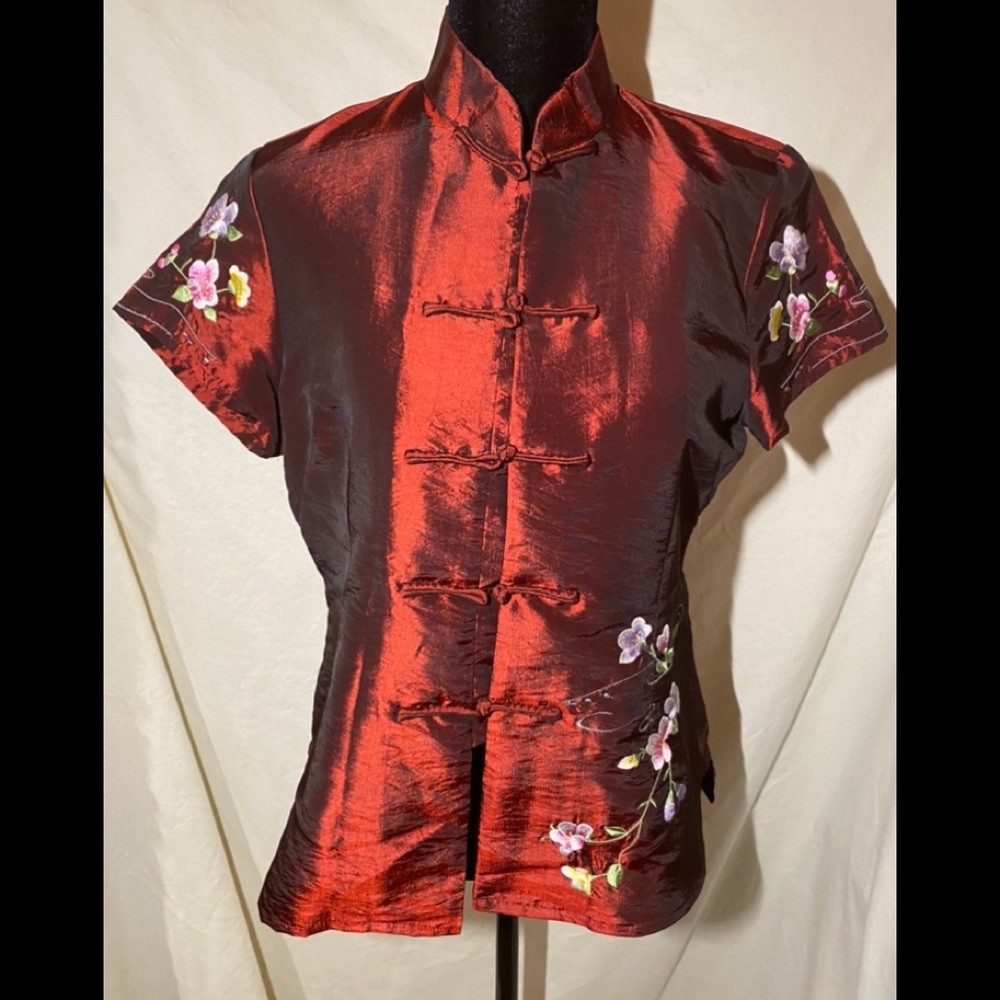 Oriental maroon flower embellished blouse